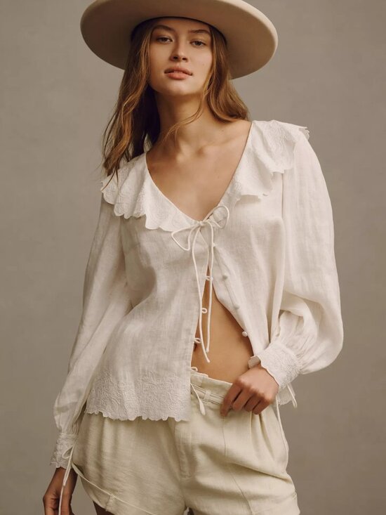 Anthropologie Tops - Anthropologie Long Sleeve Embroidered Linen Tie-Front Top L White Bohemian 70s